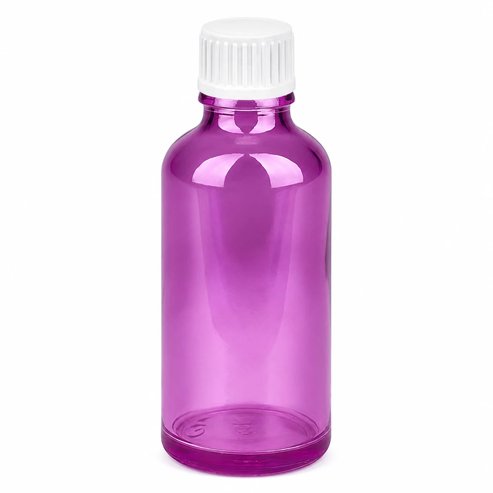 50ml Tropfflasche 0.9mm weiss Standard PurpleLine. UT18/50 Transparente lila Flasche 50ml mit weißem Schraubverschluss für Flüssigkeiten