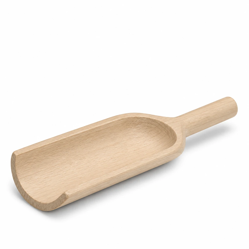 Holzschaufel Grösse L flache Form - 180mm lang Holzschaufel L 18cm flache Form seitliche Ansicht zeigt ergonomischen Griff und Schaufelblatt aus Naturholz