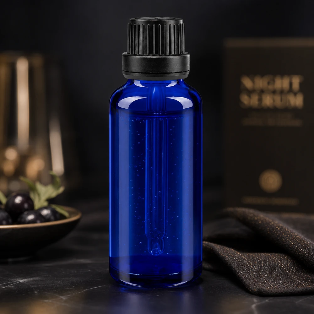 Apothekenflasche blau 30ml Tropfverschluss Giessring 2mm schwarz Originalitätsverschluss 30ml blaue Tropfflasche aus UV-Schutzglas mit schwarzem OV neben dunklen Beeren im Goldschälchen
