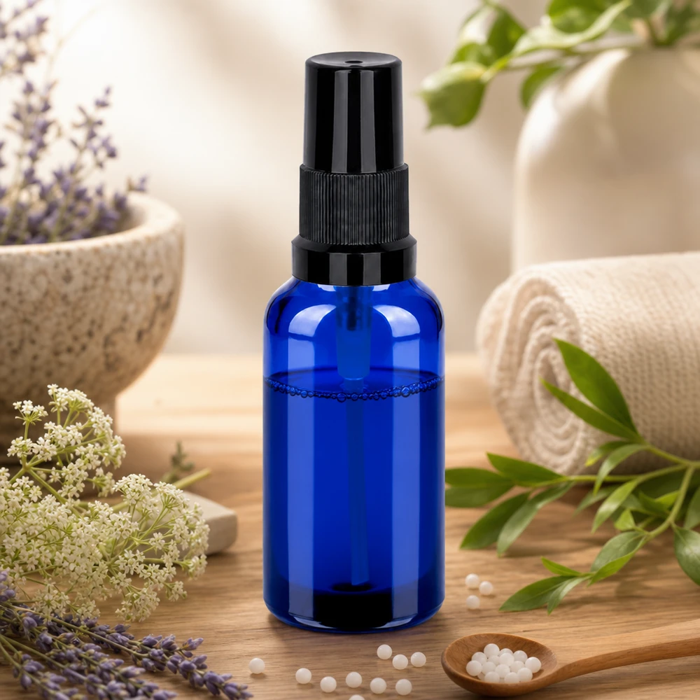 30ml Sprayflasche schwarz Standardverschluss BlueLine UT18/30 Professionelle 30ml Glasflasche blau mit schwarzem Trigger-Sprüher für therapeutische Anwendung