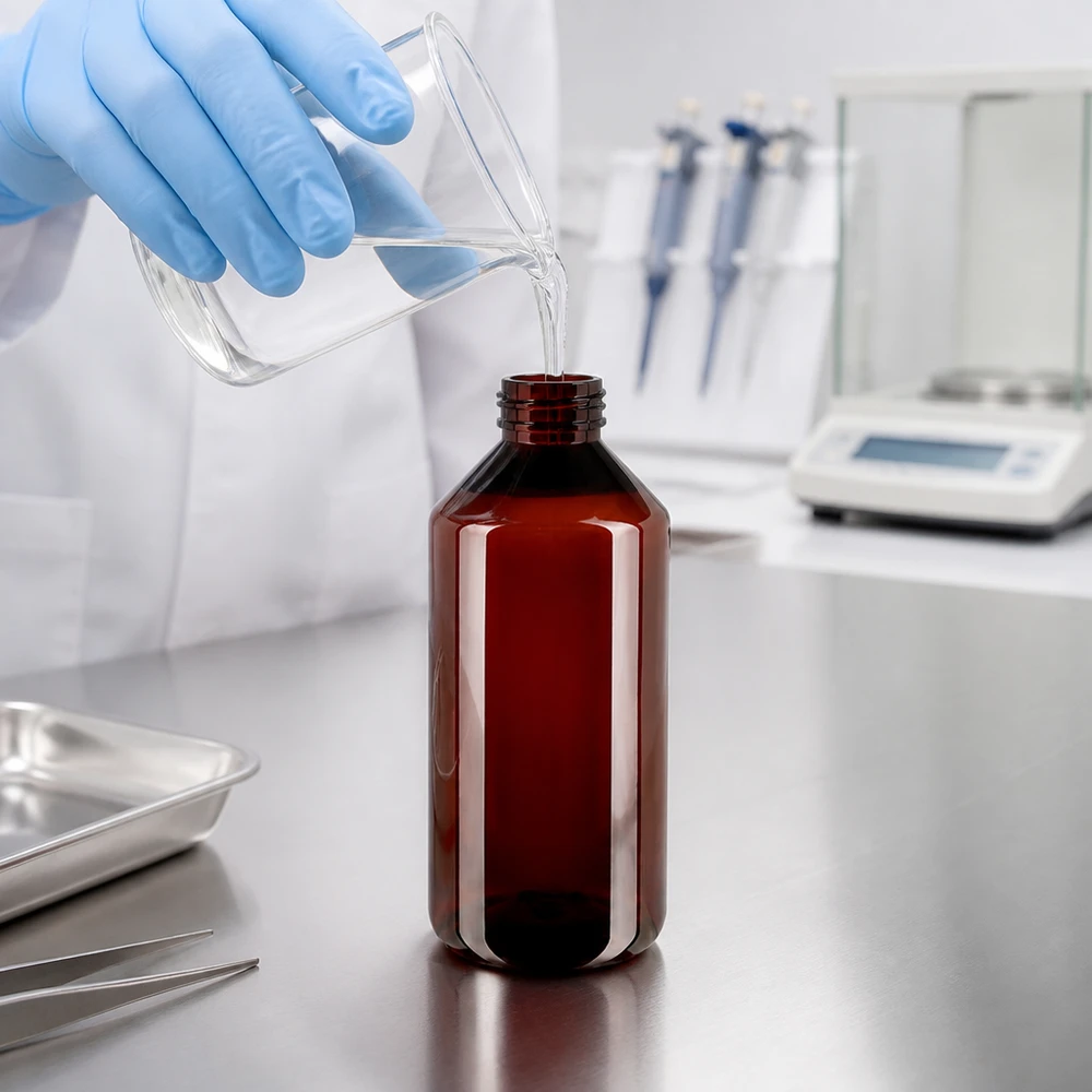 Stabile 1000ml Kunststoffflasche braun mit weißem OV beim professionellen Abfüllen im Labor