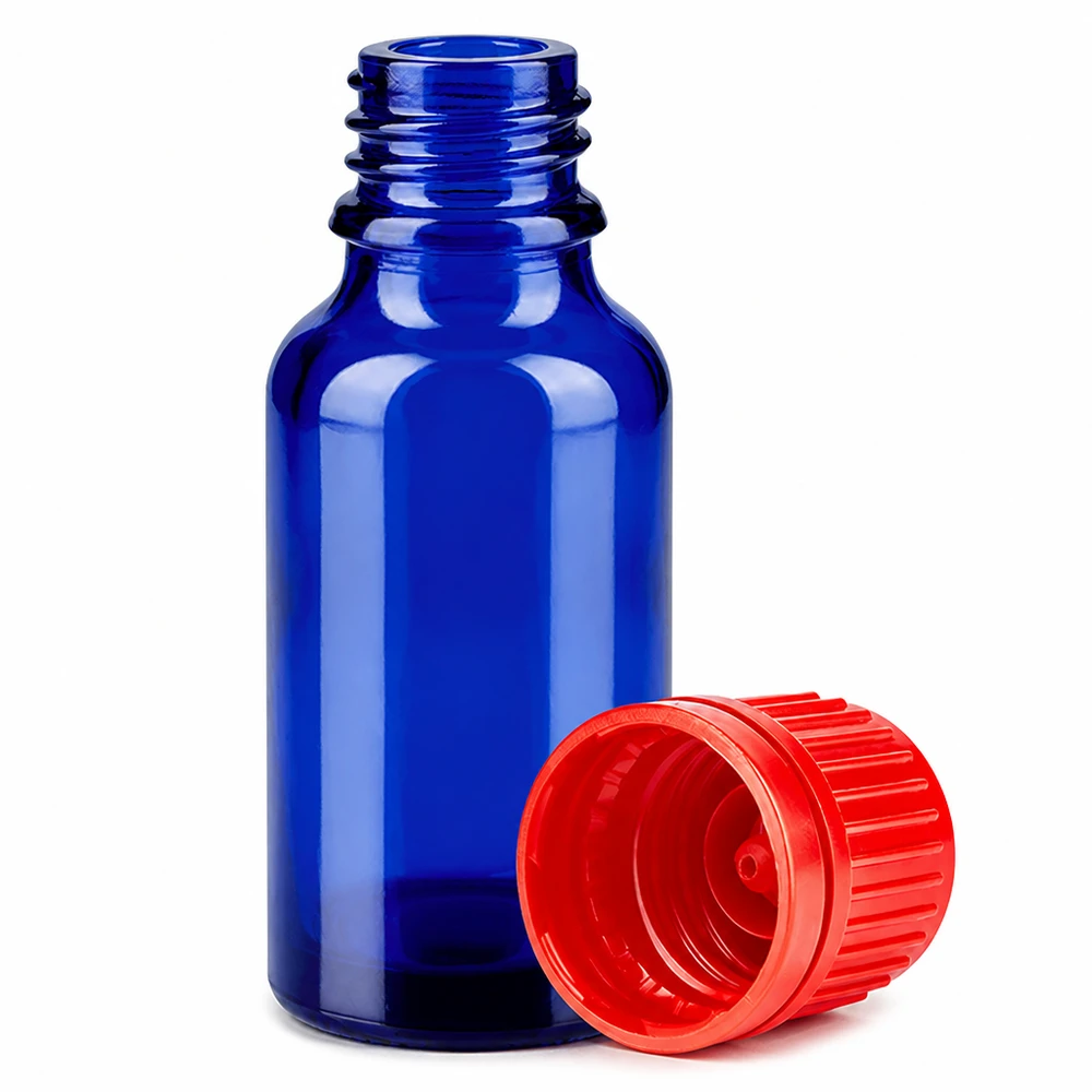 20ml Flasche 11mm Schraubverschluss rot Originalitätsverschluss BlueLine UT18/20 Hochwertige 20ml Glasflasche dunkelblau mit rotem Schraubverschluss für flüssige Präparate