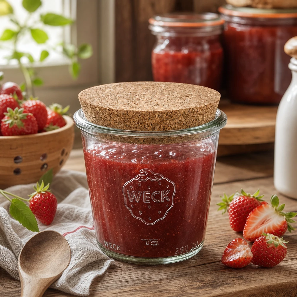 290ml Sturzglas hoch WECK RR80 mit Korken natur WECK Einmachglas 290ml mit Korkdeckel gefüllt mit Erdbeermarmelade in rustikaler Küche mit frischen Erdbeeren