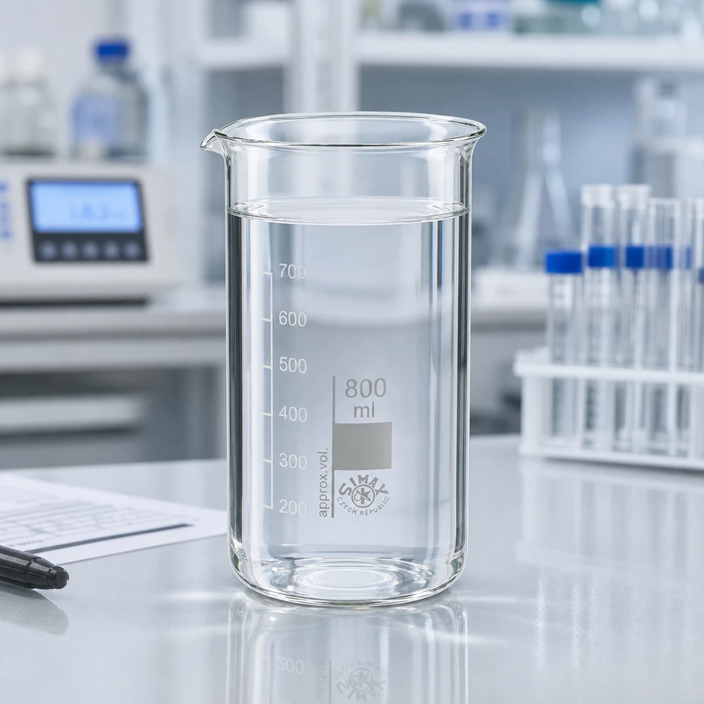 Klares Becherglas 800ml hohe Form mit Skalierung 200 bis 700ml auf reflektierender Laboroberfläche