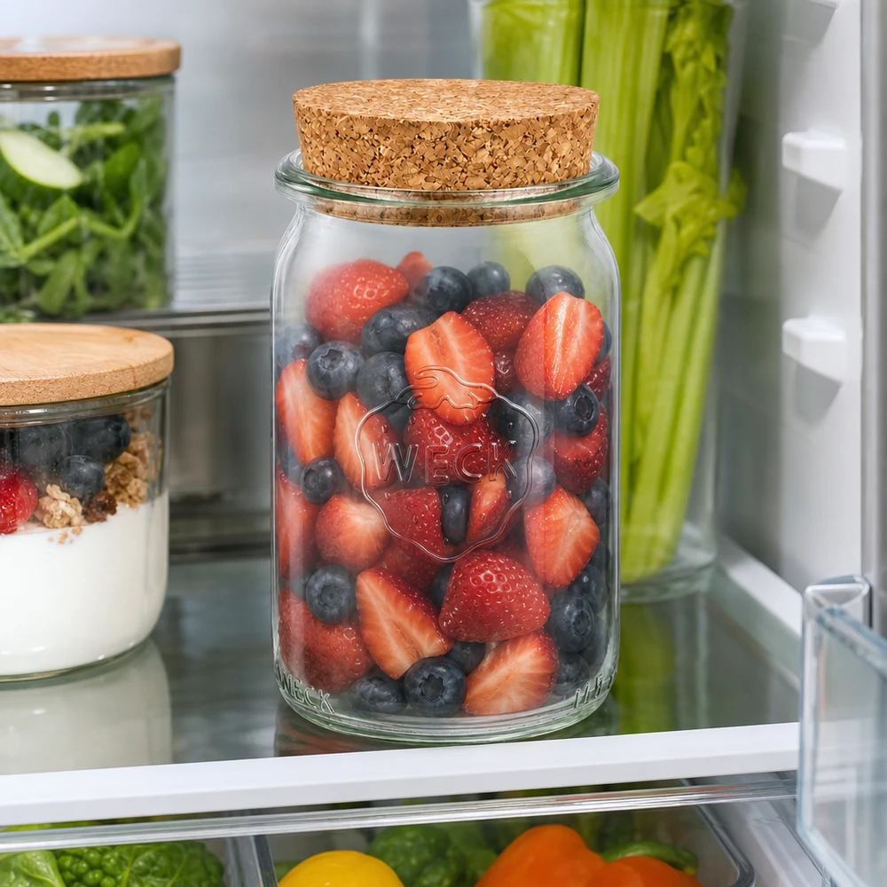 145ml Zylinderglas WECK RR40 mit Korken natur WECK Vorratsglas 145ml RR40 mit Korkdeckel gefüllt mit frischen Beeren im Kühlschrank zur Aufbewahrung von Obst