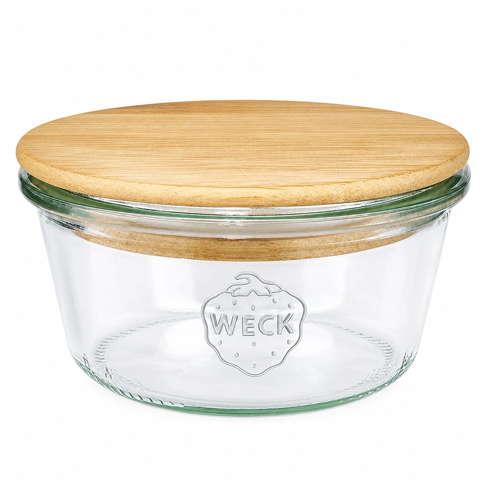 290ml Sturzglas niedrig WECK RR100 mit Holzdeckel WECK Sturzglas 290ml niedrig RR100 mit rundem Holzdeckel aus Bambus, Einmachglas mit WECK Logo auf weißem Hintergrund