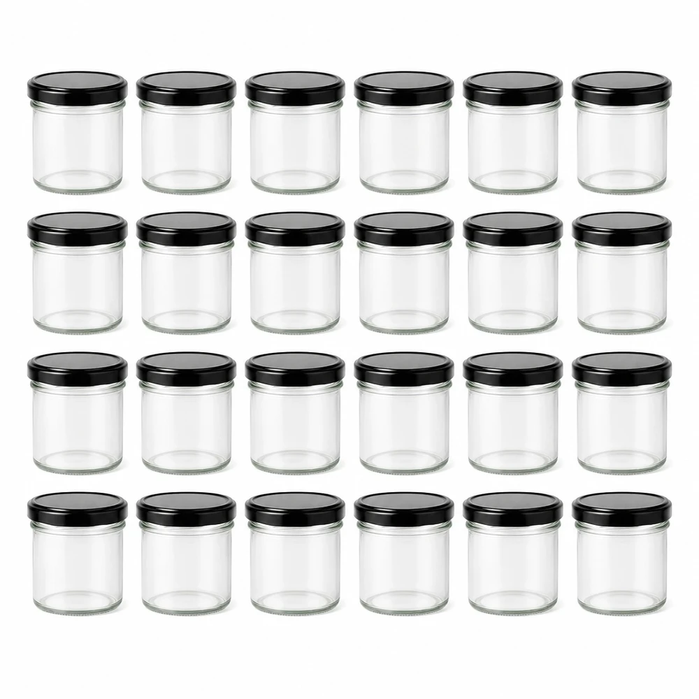 125ml Sturzglas 24er-Set mit Deckel (Deckelfarbe: schwarz) UNiTWIST Miniatureinmachgläser 125ml durchsichtig mit schwarzem Deckel 24 Stück UNiTWIST