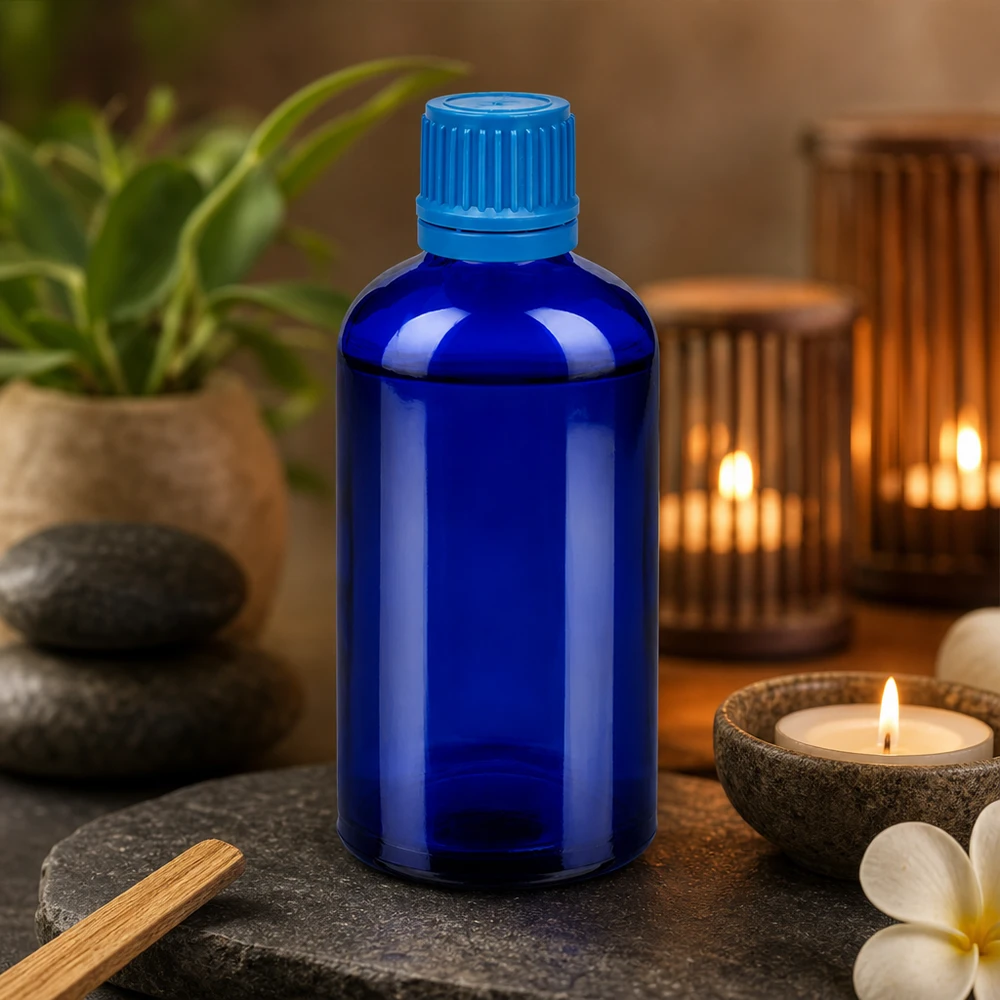 Vielseitige 100ml Glasflasche in Apothekerqualität mit blauem OV-Verschluss für medizinische Anwendungen