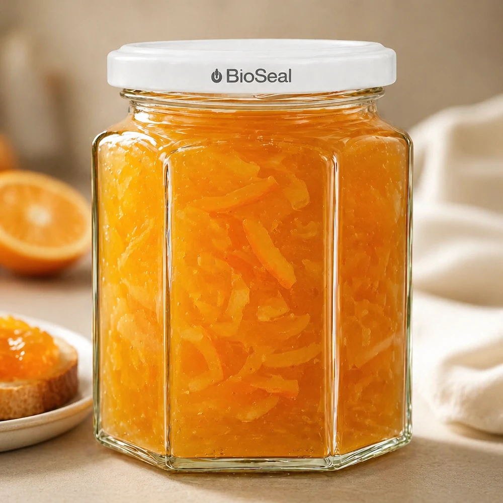 288ml Hexaglas mit BioSeal Deckel weiß UNiTWIST UNiTWIST Hexa288 Marmeladenglas mit Orangenmarmelade gefüllt und weißem TO63 BioSeal Deckel neben Toast