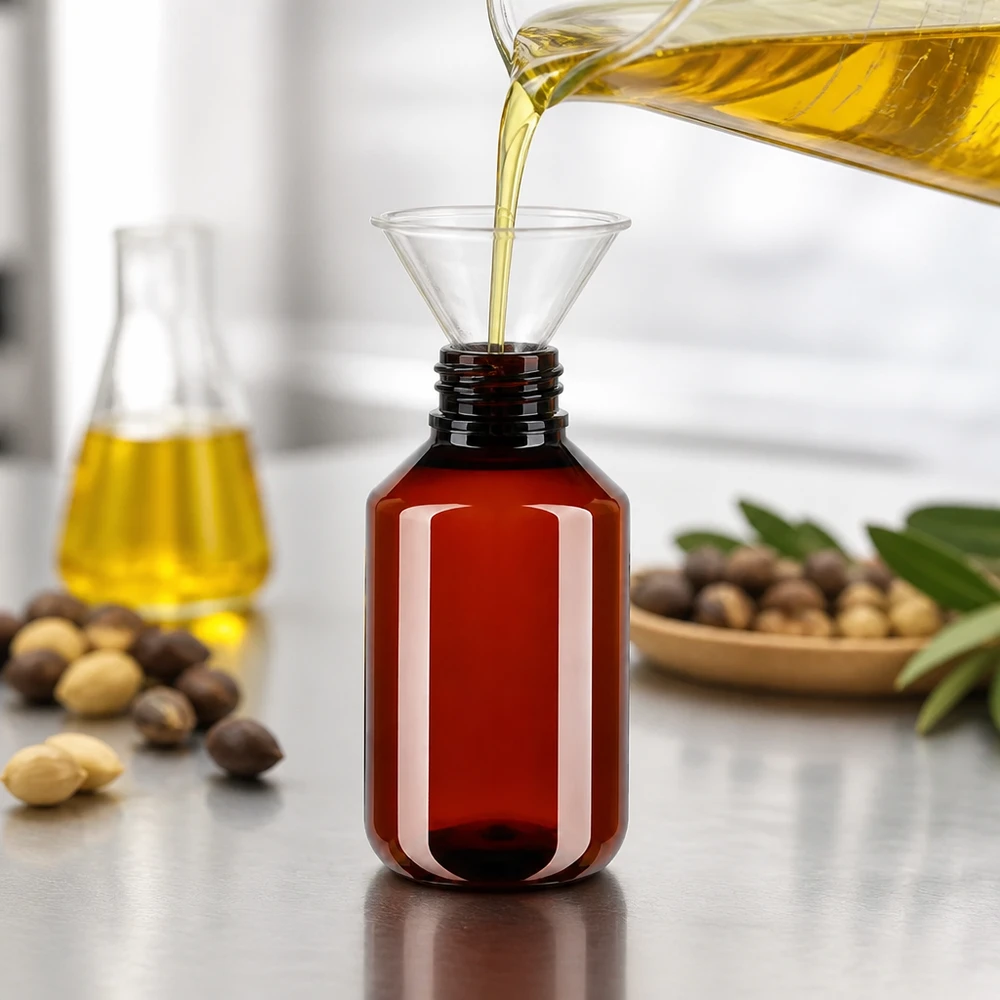 Braune PET Enghalsflasche 100ml mit weißem OV ideal zur Abfüllung von Pflanzen und Kosmetikölen