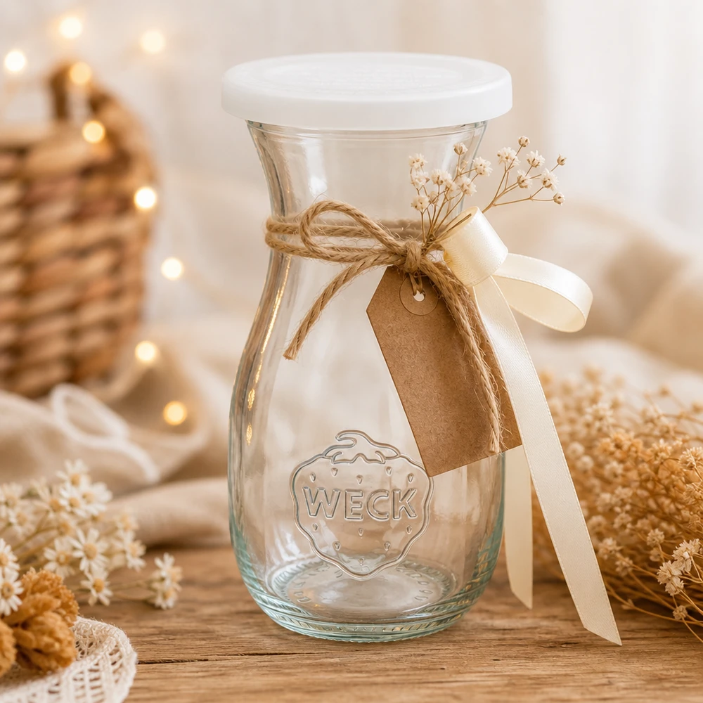290ml Saftflasche mit Frischedeckel WECK RR60 WECK 290ml Saftflasche dekorativ arrangiert mit Juteschleife Anhänger und Trockenblumen auf Holztisch mit warmem Licht