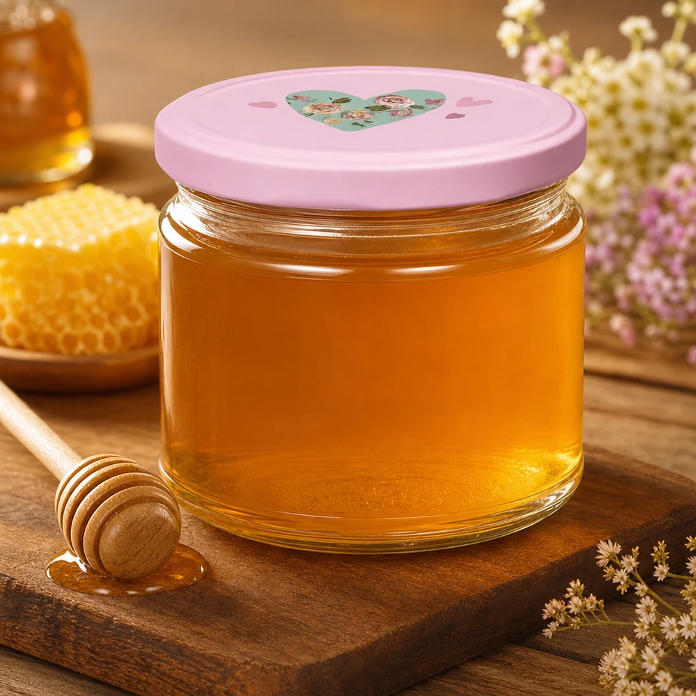 330ml Rundglas mit rosa Herz-Deckel gefüllt mit goldgelbem Honig neben Honiglöffel und Bienenwaben