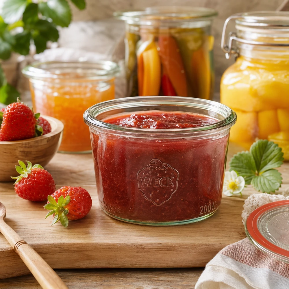 200ml Sturzglas WECK RR80 200ml WECK Sturzglas RR80 mit Erdbeermarmelade gefüllt auf Holzbrett neben frischen Erdbeeren und Einmachgläsern