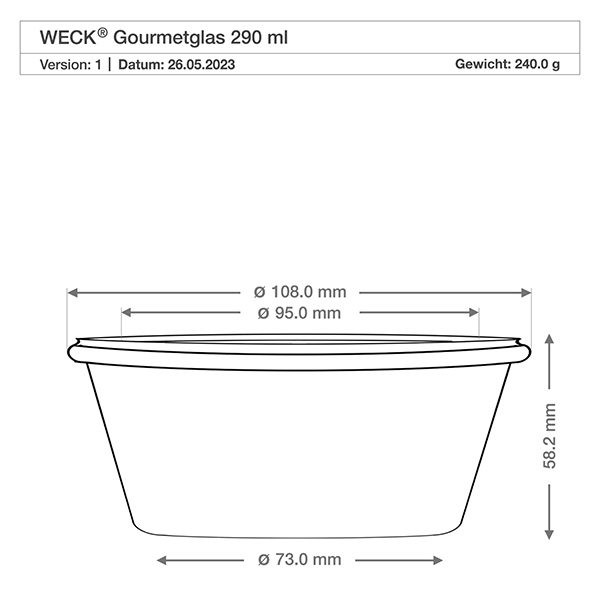 290ml Gourmetglas WECK RR100 Technische Zeichnung WECK RR100 Gourmetglas 290ml mit Maßangaben Durchmesser und Höhe für präzise Küchenplanung