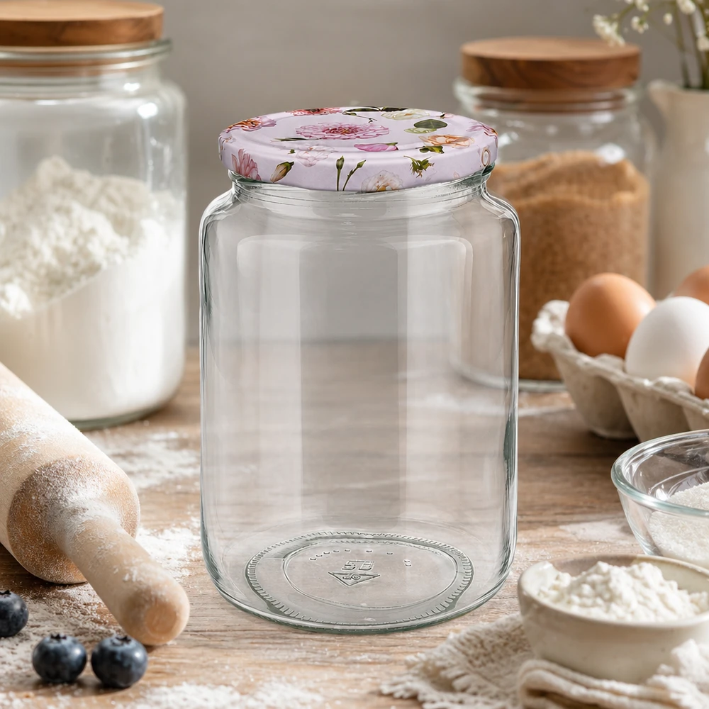 795ml Rundglas leer auf Holztisch Küche Backzutaten Mehl Eier BasicSeal Deckel rosa Blumen Vorratsglas Einmachglas