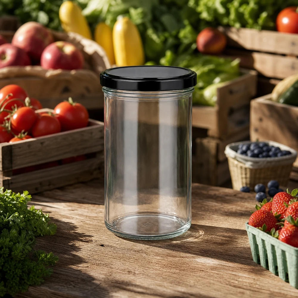 277ml Sturzglas mit BasicSeal Deckel schwarz UNiTWIST 277ml Sturzglas mit schwarzem Deckel auf Holztisch mit Tomaten Erdbeeren Blaubeeren Marmeladenglas Einweckglas