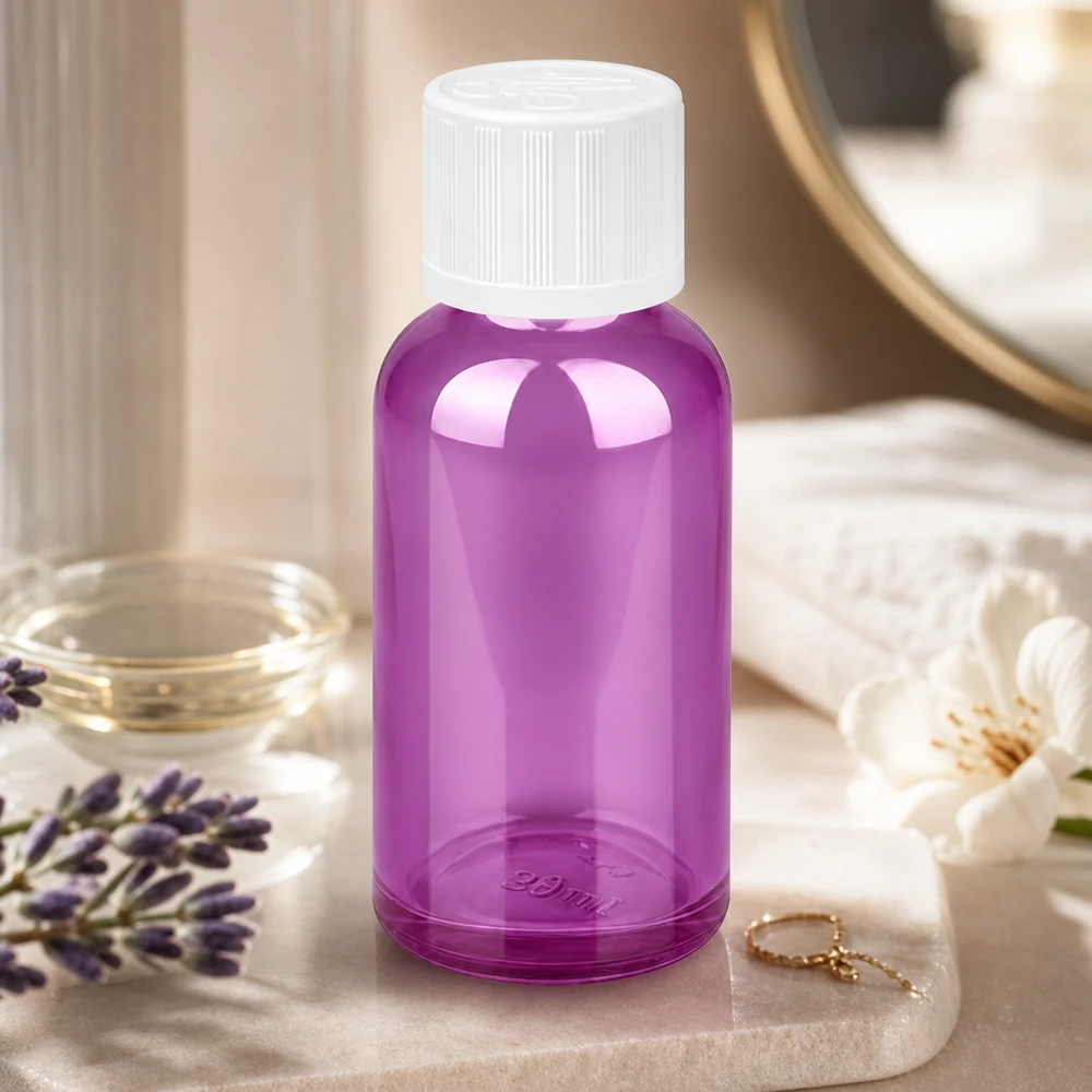Nachhaltige 30ml Glasflasche in Violett mit auslaufsicherem Verschluss für Zero Waste Lifestyle