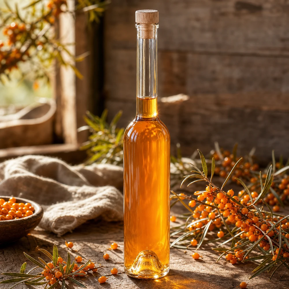 100ml Glasflasche "Hugo" mit Holzgriff-Korken UNiTWIST 100ml Glasflasche Hugo mit Sanddornöl gefüllt in herbstlicher Deko-Szene mit Sanddornzweigen und Beeren