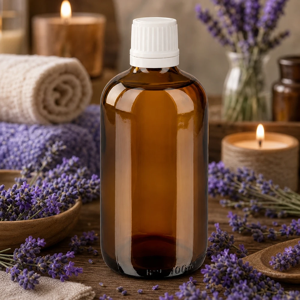 Kompakte 100ml Braunglasflasche mit UV-Schutz und weißem Schraubdeckel für Aromapflege