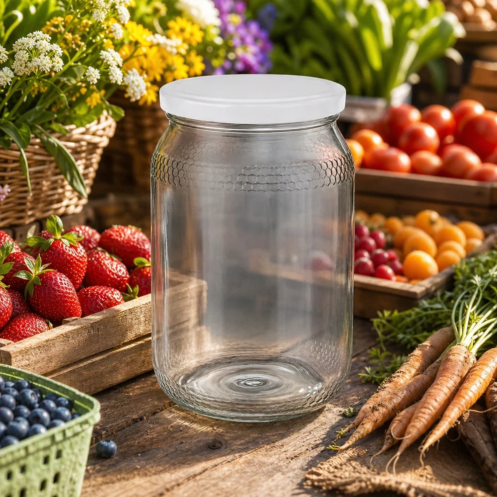 Leeres 900ml Honigglas mit weißem BasicSeal Deckel zwischen frischem Obst und Gemüse zeigt natürliche Verwendung