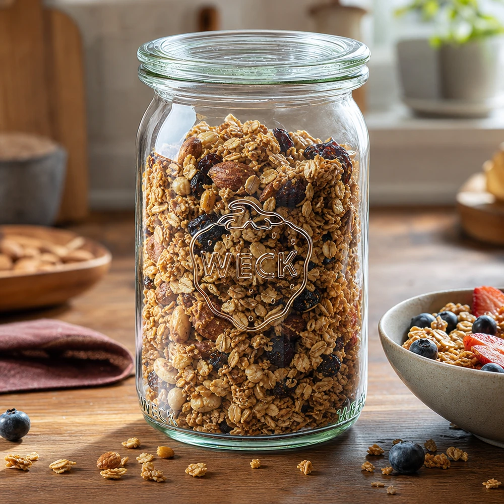 145ml Zylinderglas mit Glasdeckel WECK RR40 WECK 145ml Zylinderglas mit Müsli und Nüssen gefüllt als Vorratsglas auf Holztisch in moderner Küche