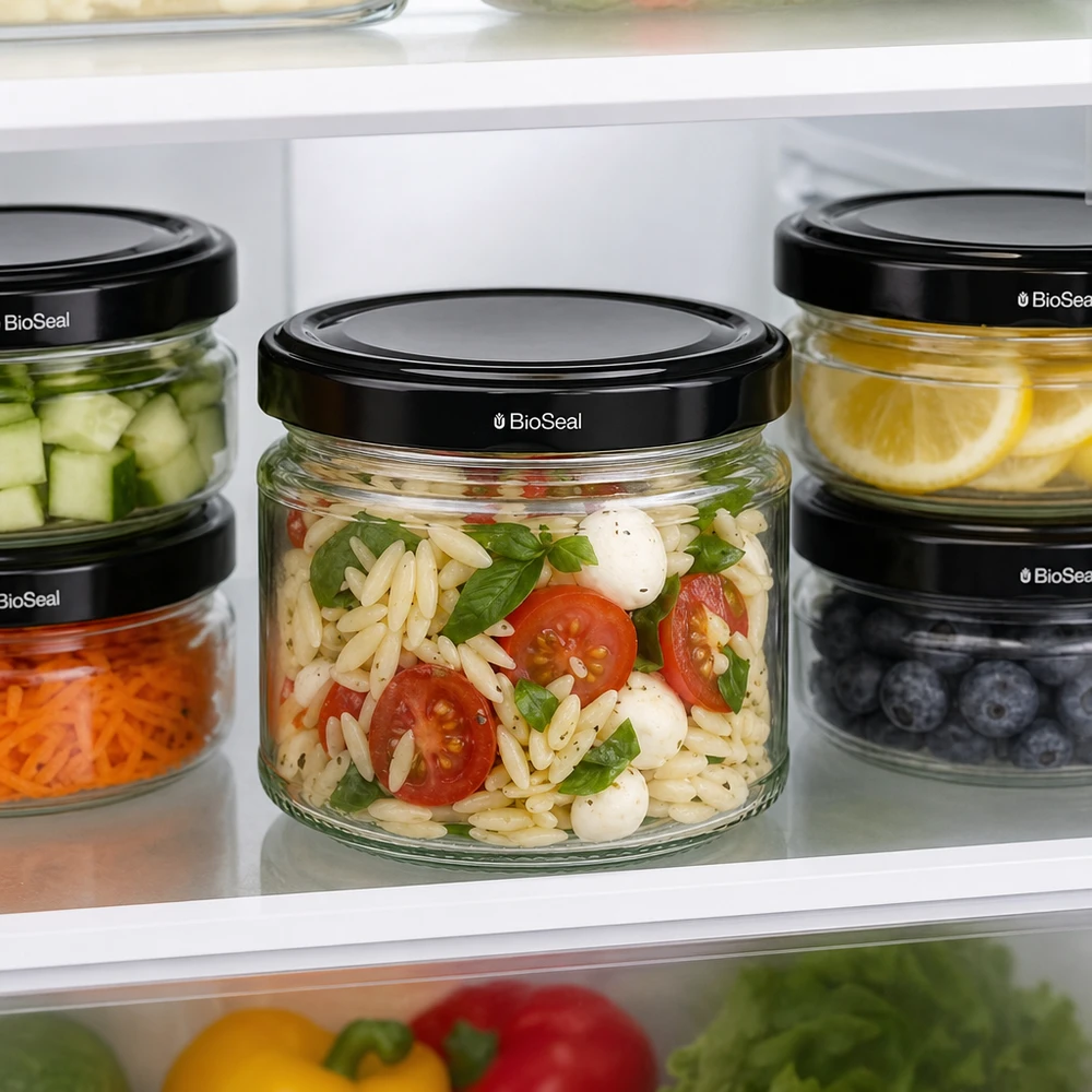 330ml Rundglas + BioSeal Deckel schwarz UNiTWIST UniTWIST Runda330 Gläser mit schwarzen TO82 BioSeal Deckeln im Kühlschrank zur Aufbewahrung von Salat und Lebensmitteln
