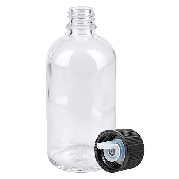 100ml Tropfflasche 1mm schwarz Standardverschluss ClearLine UT18/100 Medizinische Tropfflasche 100ml Klarglas schwarzer Kunststoffverschluss mit weißem Dosiereinsatz