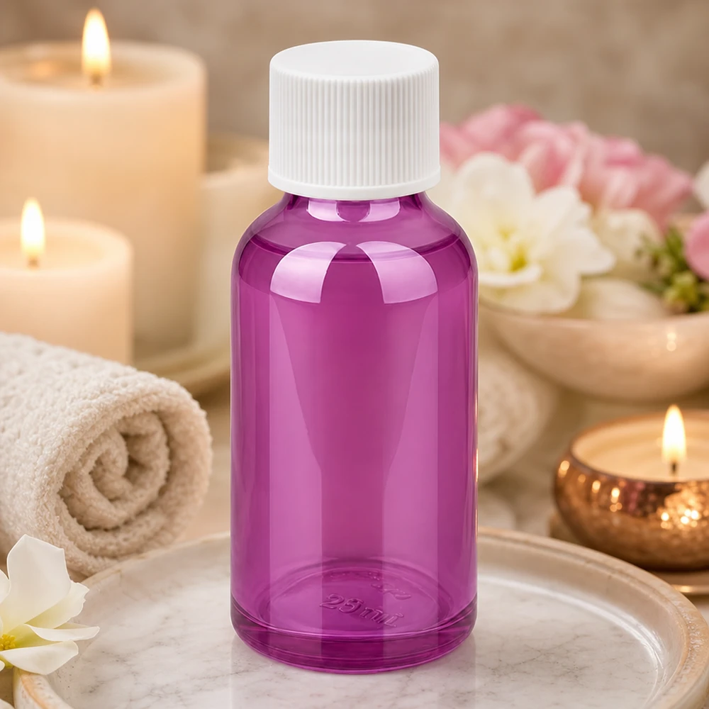Robuste 30ml Flasche in Violett mit weißem Verschluss für sichere Aufbewahrung von Essenzen