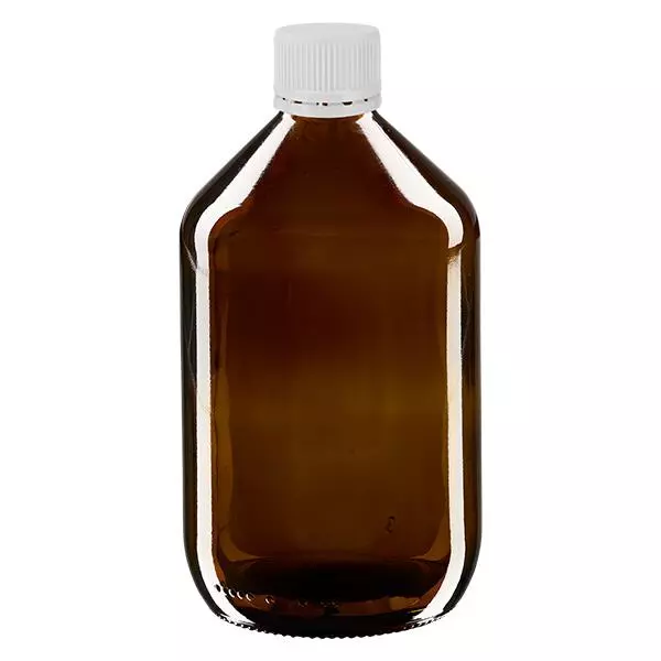 500ml Medizinflasche braun, Verschluss weiß mit Originalitätsring ApoGlas 500ml Medizinflasche braun, Verschluss weiß mit Originalitätsring ApoGlas