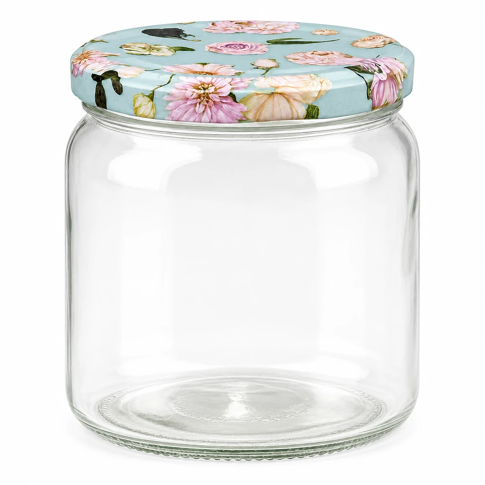 425ml Rundglas mit BasicSeal Deckel in Blume mint Design - leeres Einmachglas mit Blütenmuster auf hellblauem Hintergrun