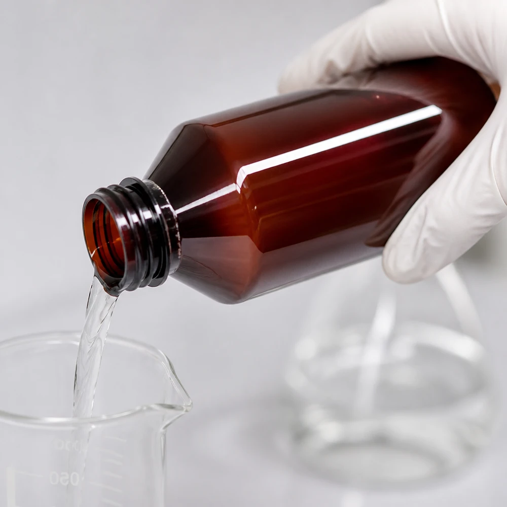 PET Flasche 1000ml mit grünem Verschluss Originalitätsverschluss Braune PET Flasche 1000ml mit grünem OV und präziser Ausgießöffnung für chemische Lösungen
