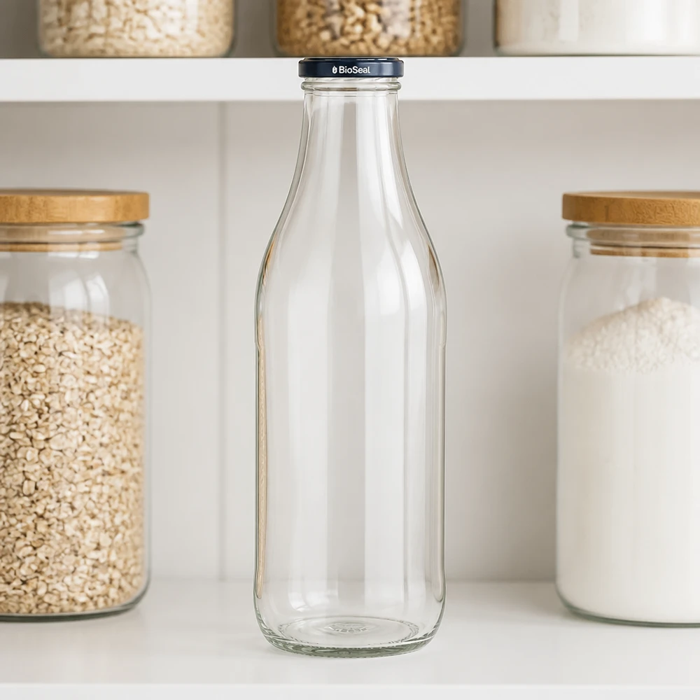 1000ml Glasflasche BioSeal Deckel schwarz Küchenregal Aufbewahrung Vorratshaltung Getreide Haferflocken Zero Waste
