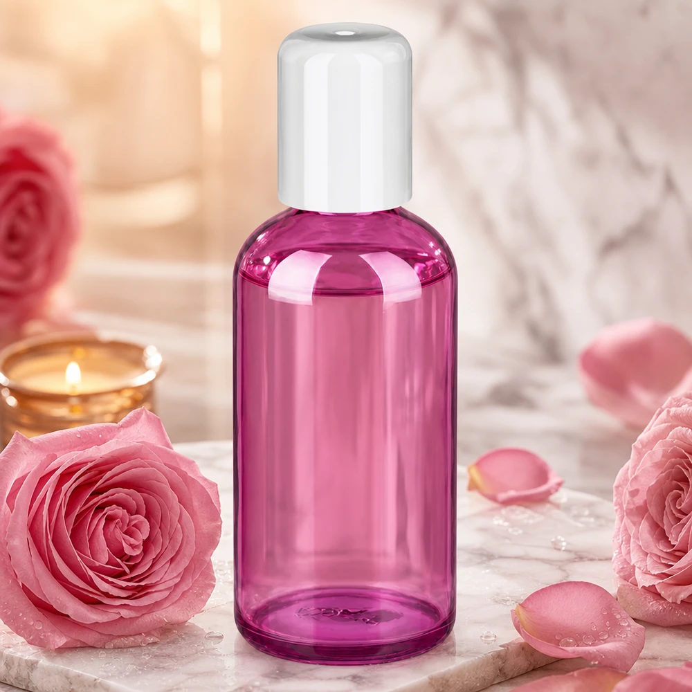 Moderne 100ml Kosmetikflasche mit Roll-On Funktion in ansprechender Purple Line Optik