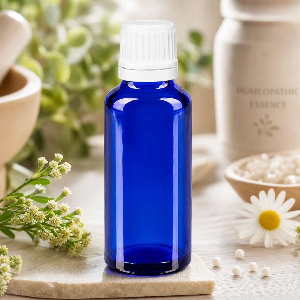 UV-schützende 30ml Blauglasflasche mit weißem Dosierverschluss für empfindliche Natursubstanzen