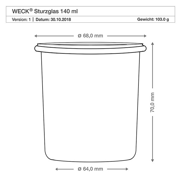 WECK-Mini-Sturzglas 140ml komplett mit Honiglöffel WECK Sturzglas 140ml technische Zeichnung Maße Abmessungen 68mm Durchmesser 70mm Höhe Produktspezifikation