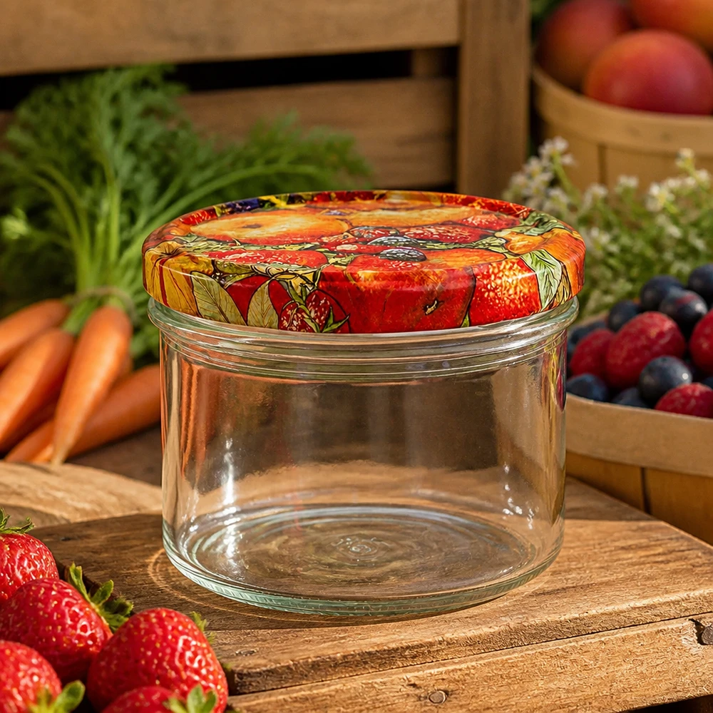 225ml Sturzglas + BasicSeal Deckel Obst-Dekor UNiTWIST 225ml Sturzglas Obst-Dekor auf Holzbrett mit frischen Beeren, Karotten und Äpfeln für natürliche Konservierung