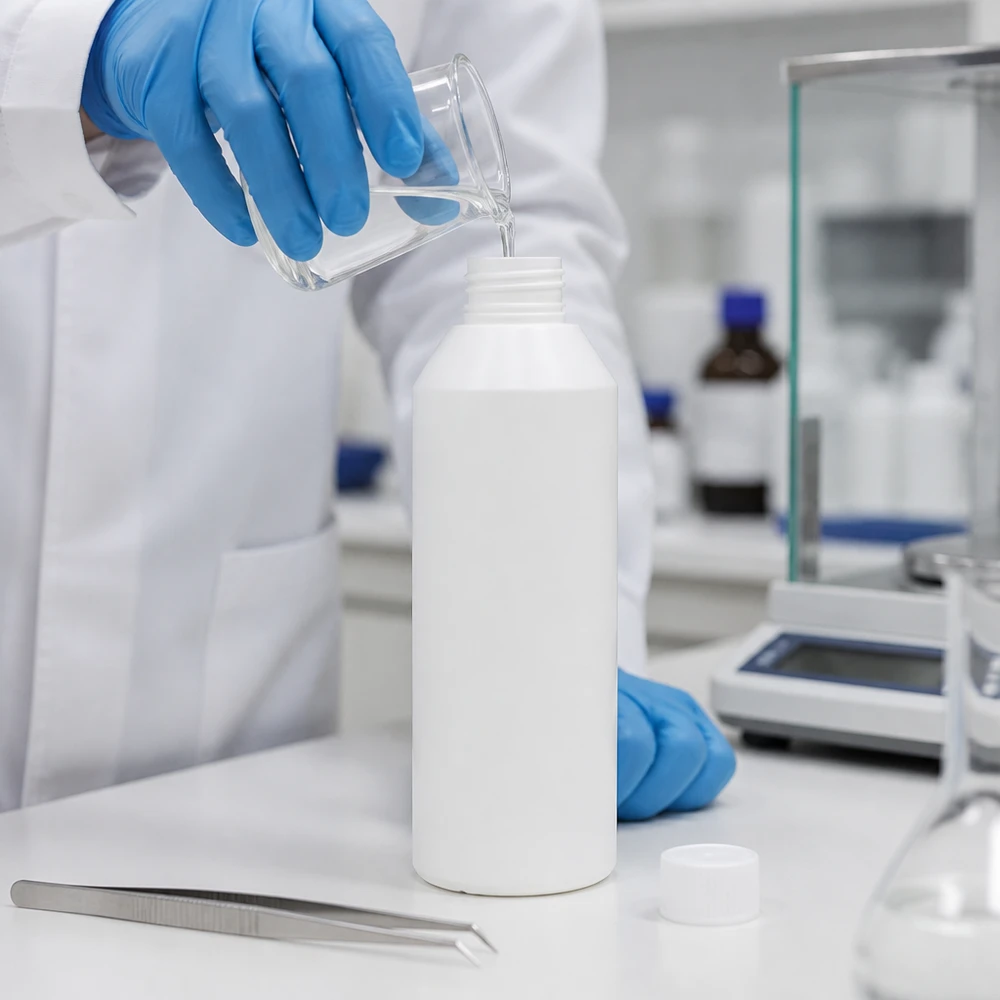 Apothekenflasche HDPE 250ml weiß, mit weißem Schraubverschluss Präzises Abfüllen von Laborflüssigkeit in weiße HDPE Apothekenflasche 250ml mit Pinzette im Vordergrund