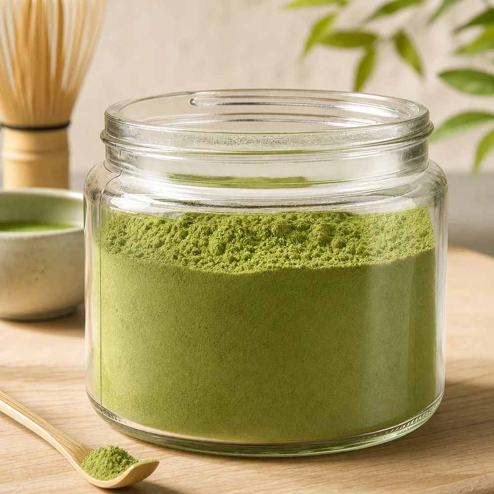 Salbenglas (Glastiegel) 250 ml klar, ohne Deckel Glastiegel 250ml klar mit grünem Matcha-Pulver befüllt neben Bambus-Rührbesen auf Holztisch Tee-Zubereitung