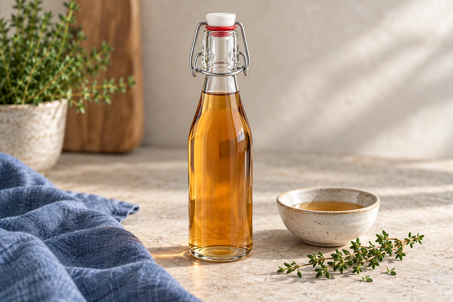 Bügelflasche mit bernsteinfarbenem Essig neben einer Keramikschale – illustriertes Anwendungsbeispiel