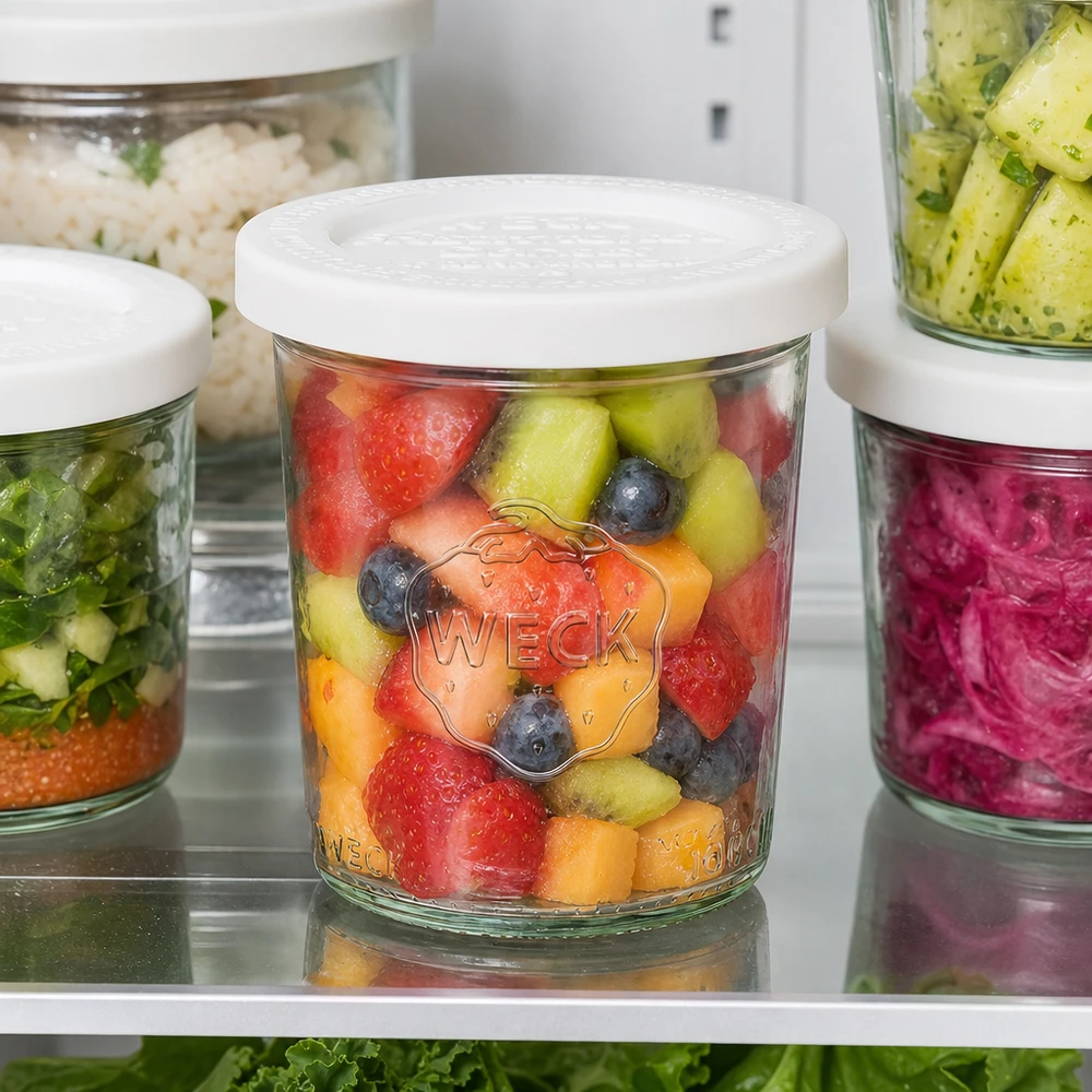 160ml Sturzglas mit Frischedeckel WECK RR60 WECK 160ml Sturzglas RR60 mit buntem Obstsalat im Kühlschrank - Meal Prep Container für frische Früchte