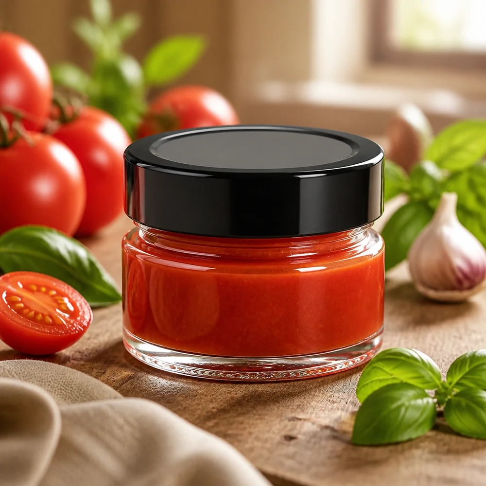 Kompaktes UNiTWIST Rundglas 80ml schwarzer Deckel befüllt mit frischer Tomatensoße aus dem Garten