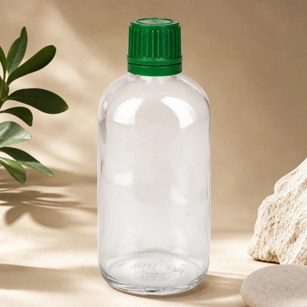 Hochwertige 100ml Klarglasflasche ClearLine UT18 grüner Sicherheitsverschluss Naturstein Deko