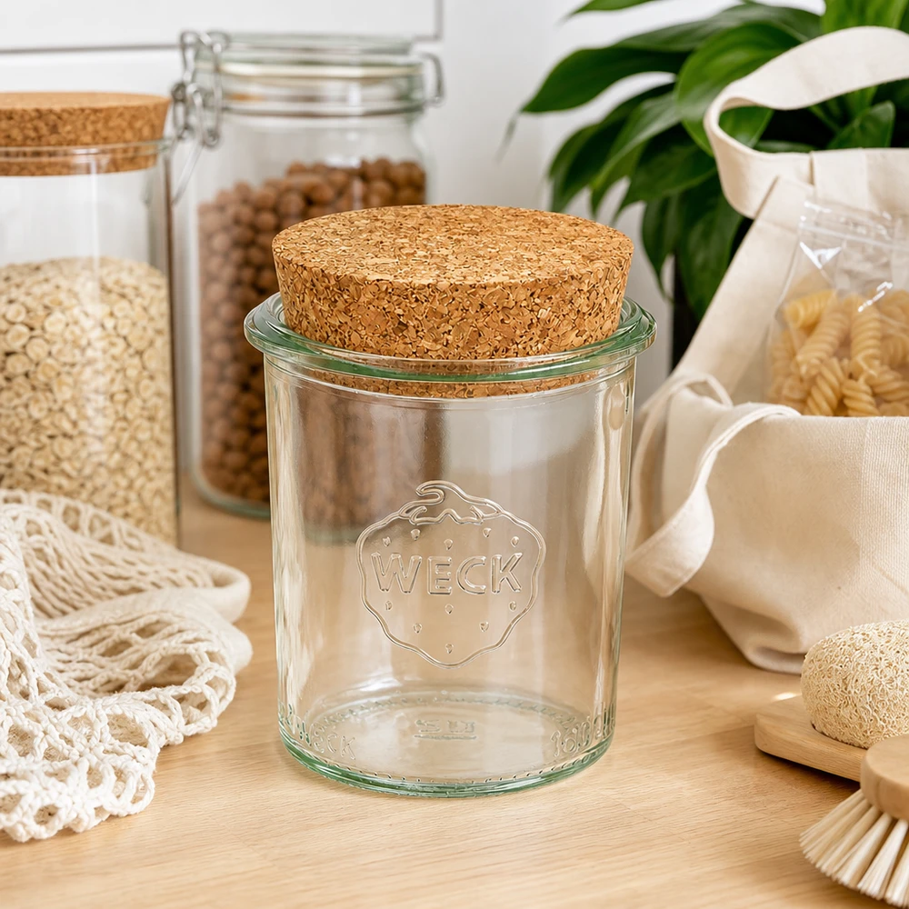 160ml Sturzglas WECK RR60 mit Korken natur WECK Vorratsglas 160ml RR60 mit Korkdeckel in nachhaltiger Zero-Waste Küche zwischen Vorratsgläsern und Naturtextilien