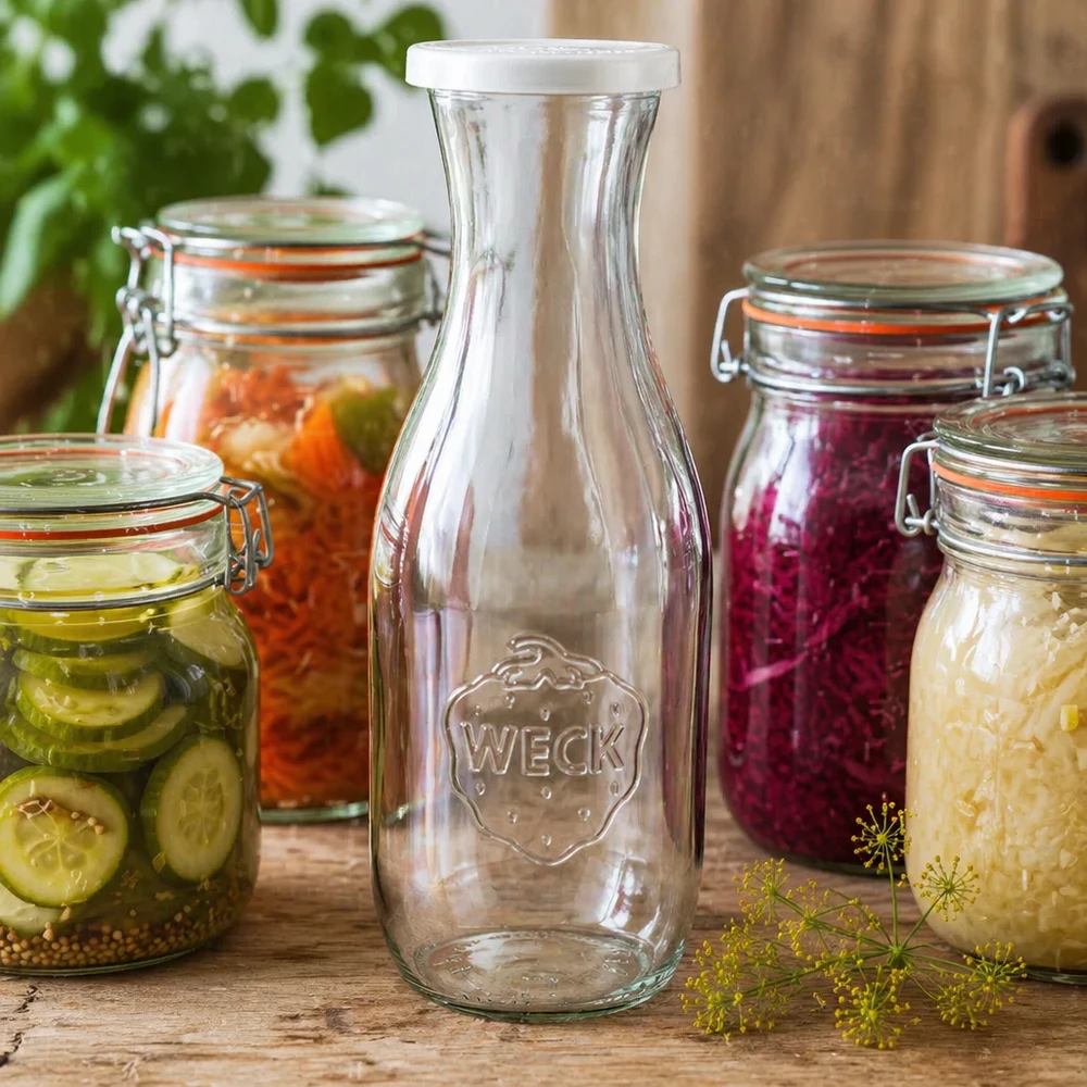 1062ml Saftflasche mit Frischedeckel WECK RR60 WECK Saftflasche 1062ml mit Frischedeckel als stilvolle Dekoration zwischen bunten Einmachgläsern mit eingelegtem Gemüse