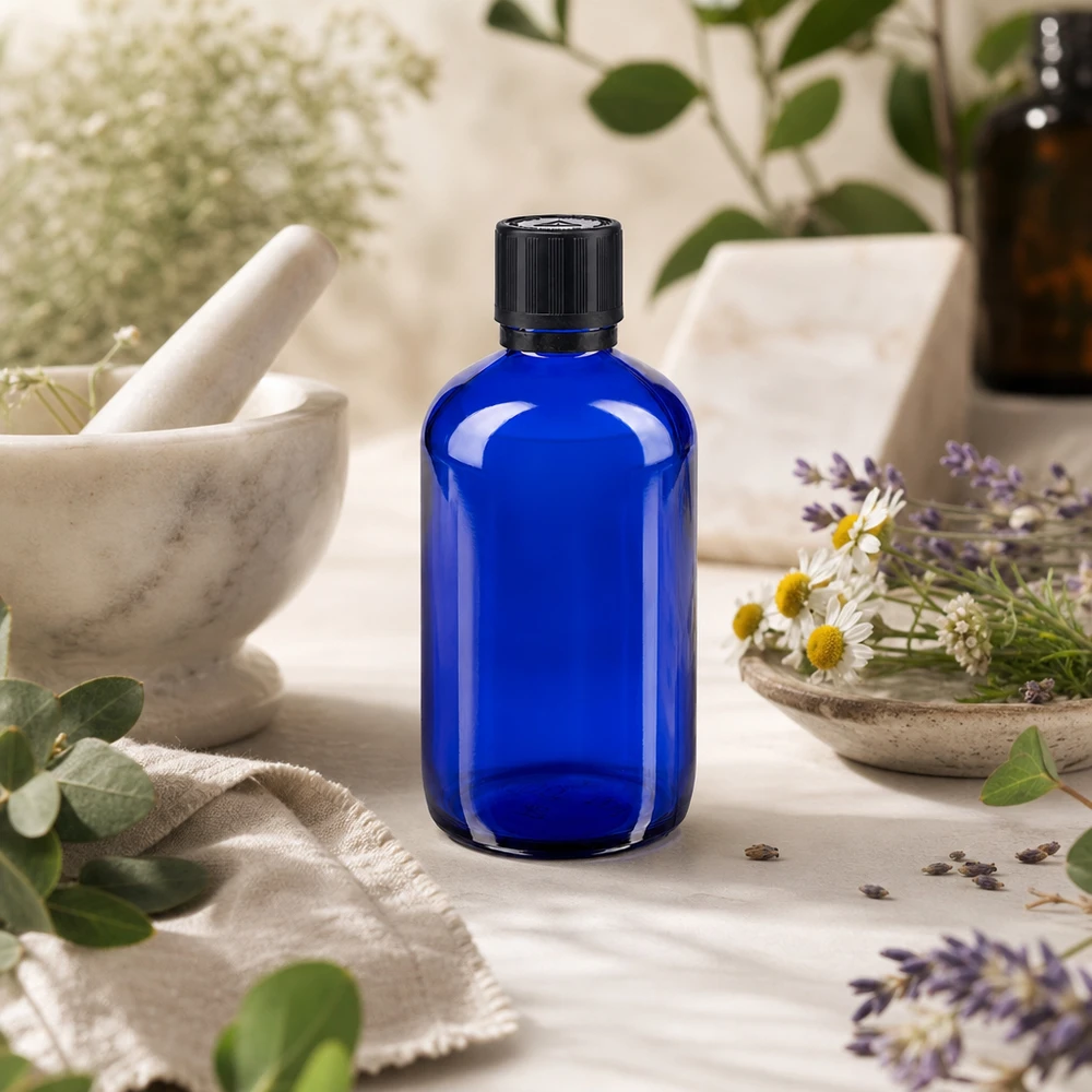 Rundschulter Apothekerflasche 100ml kobaltblau mit schwarzem Kindersicherheitsverschluss und Tropfeinsatz