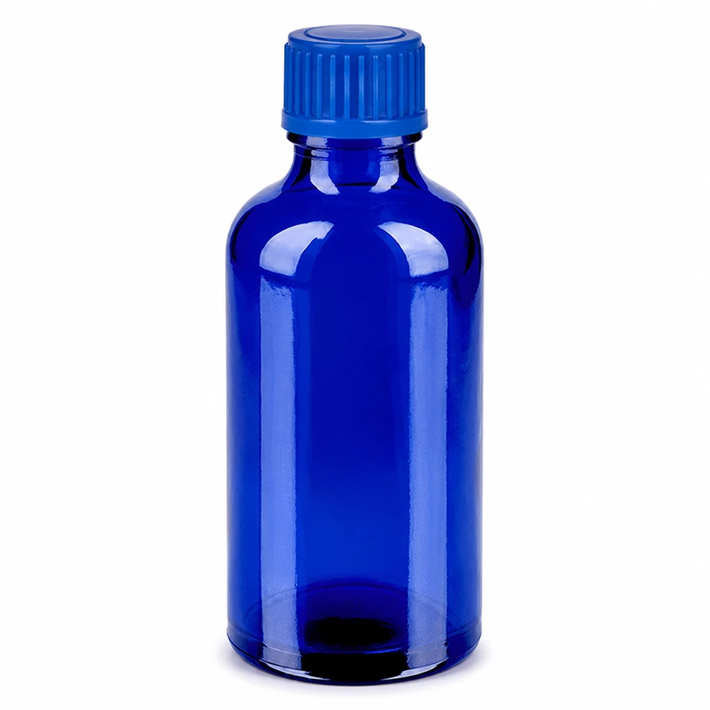 50ml Flasche 11mm Schraubverschluss blau Standard BlueLine UT18/50 Pharmazeutische 50ml Blauflasche mit Tropfverschluss für medizinische Anwendungen