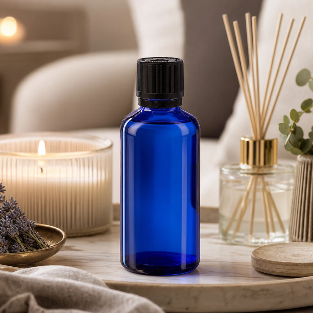 Blaues Apothekerfläschchen 50ml mit Tropfer auf hellem Stein umgeben von Aromatherapie-Accessoires