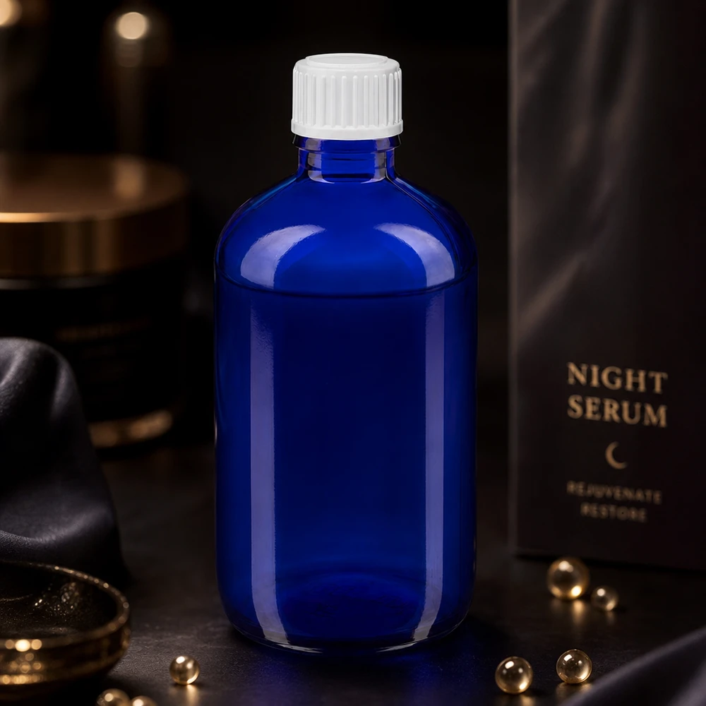 Apothekenflasche blau 100ml Tropfverschluss weiß 0.8mm Standard UV-schützende 100ml Blauglasflasche mit STD Weißverschluss für lichtempfindliche Pflegeprodukte