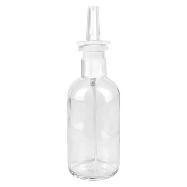 Wiederbefüllbare 100ml Glasflasche transparent mit weißem Nasenspray-Pumpverschluss