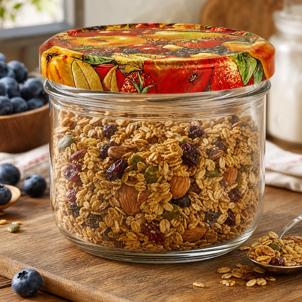 260ml Sturzglas + BasicSeal Deckel Obst-Dekor UNiTWIST 260ml Einmachglas mit Obst-Deckel gefüllt mit Müsli und Nüssen als Vorratsbehälter in der Küche